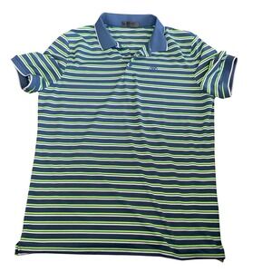 G/FORE Mens Striped Performance Golf Polo Shirt Navy Blue Lime Green Large L